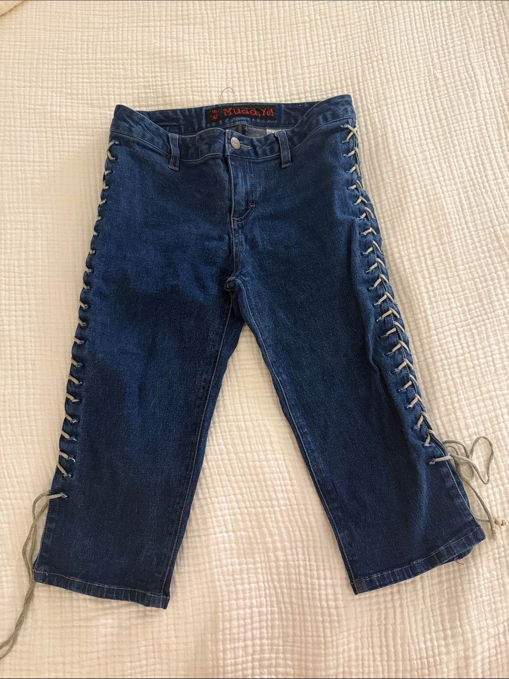 Dark Blue Lace-Up Side Crop Jeans